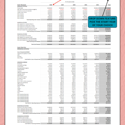 407 Five-year cash flow statement: pick the start year from the drop-down list.