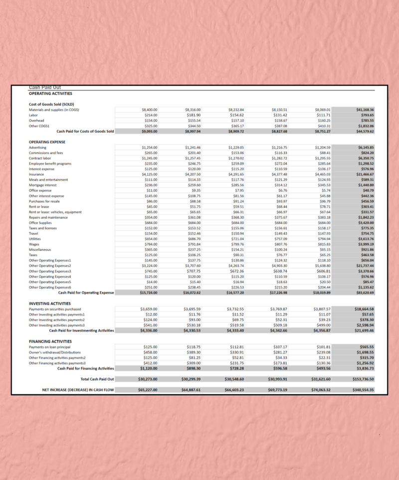 409 Five-year cash flow statement, cash paid out: operating, investing and financing payments for each year, and the net increase or decrease in cash.