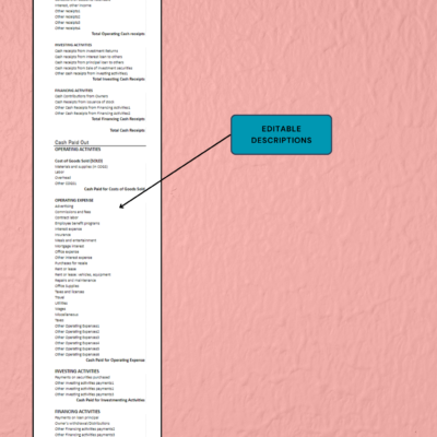 410 Five-year cash flow statement descriptions can be edited.