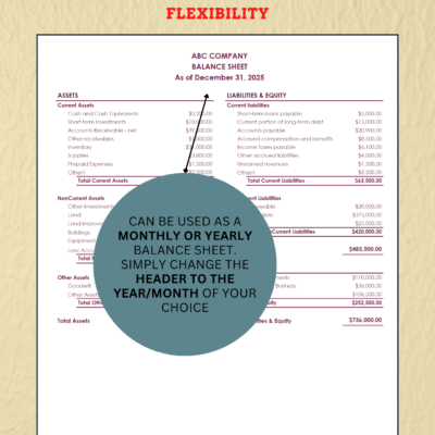 The burgundy balance sheet can be used monthly or yearly by changing the header.