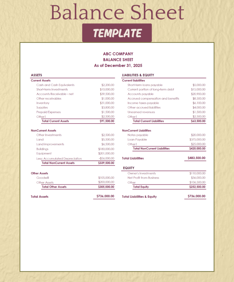 Balance sheet template for a sample company at year end: current, noncurrent and other assets, current and noncurrent liabilities, and equity, with totals.