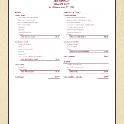 A blank burgundy balance sheet template.