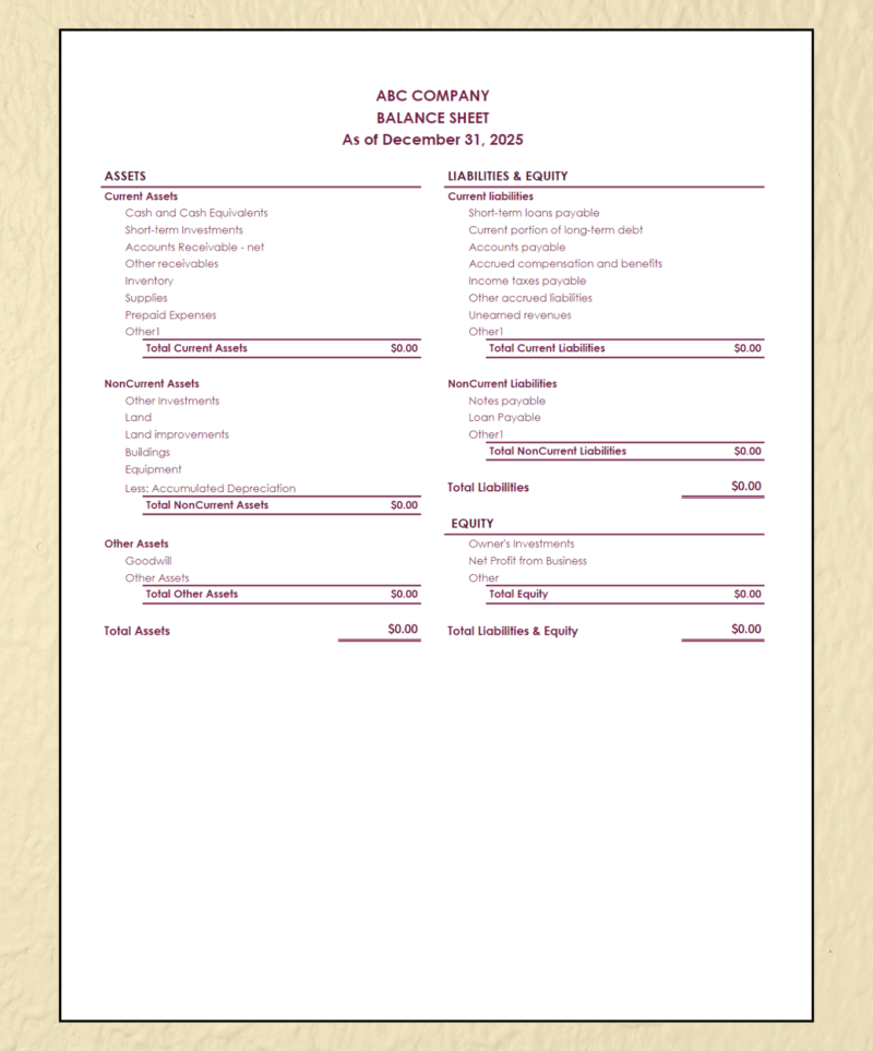 A blank burgundy balance sheet template.
