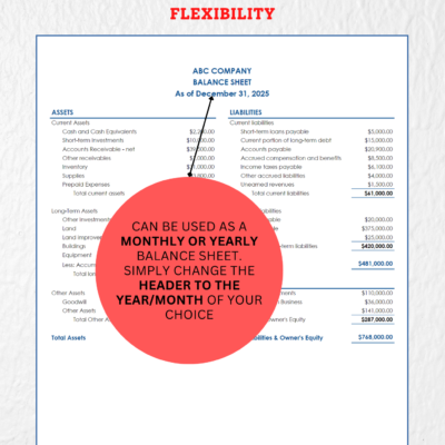 The blue balance sheet can be used monthly or yearly by changing the header.