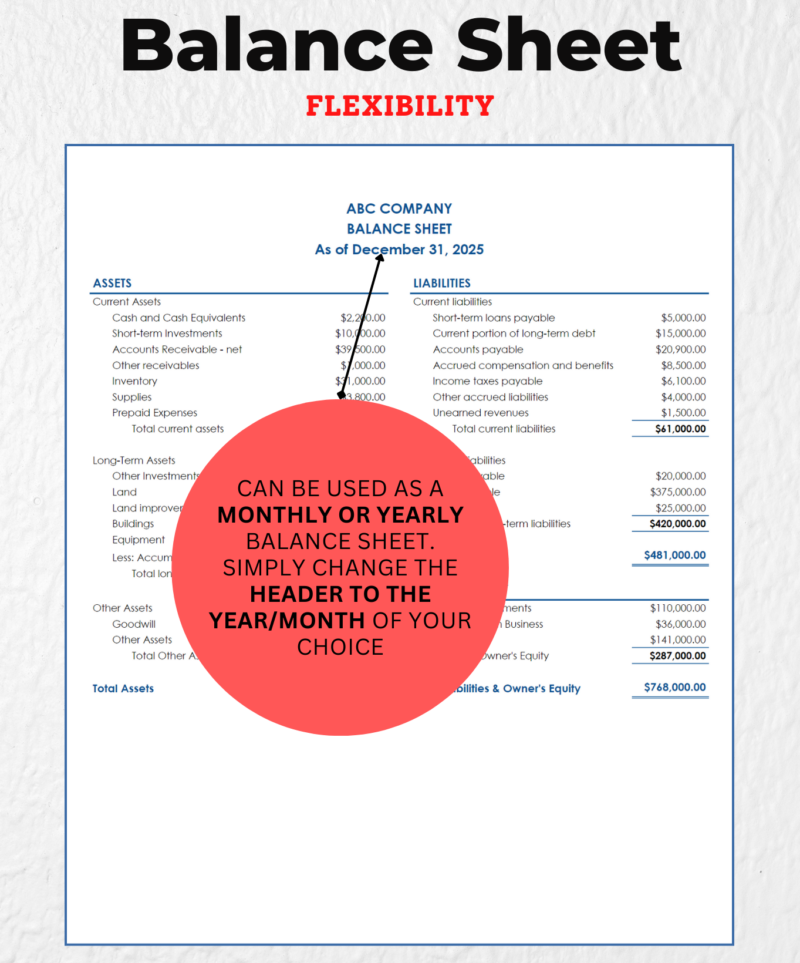 The blue balance sheet can be used monthly or yearly by changing the header.
