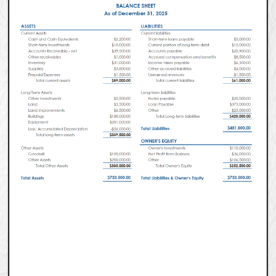 Balance sheet in blue for a sample company at year end: current, long-term and other assets, liabilities and owner's equity.
