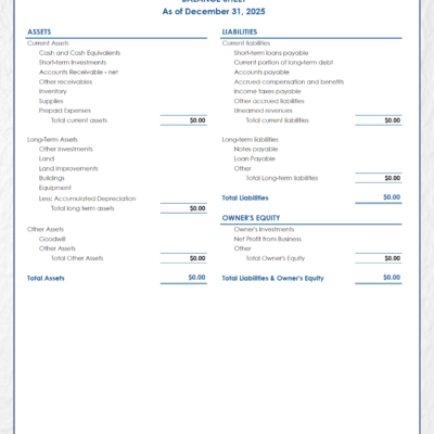 A blank blue balance sheet template.