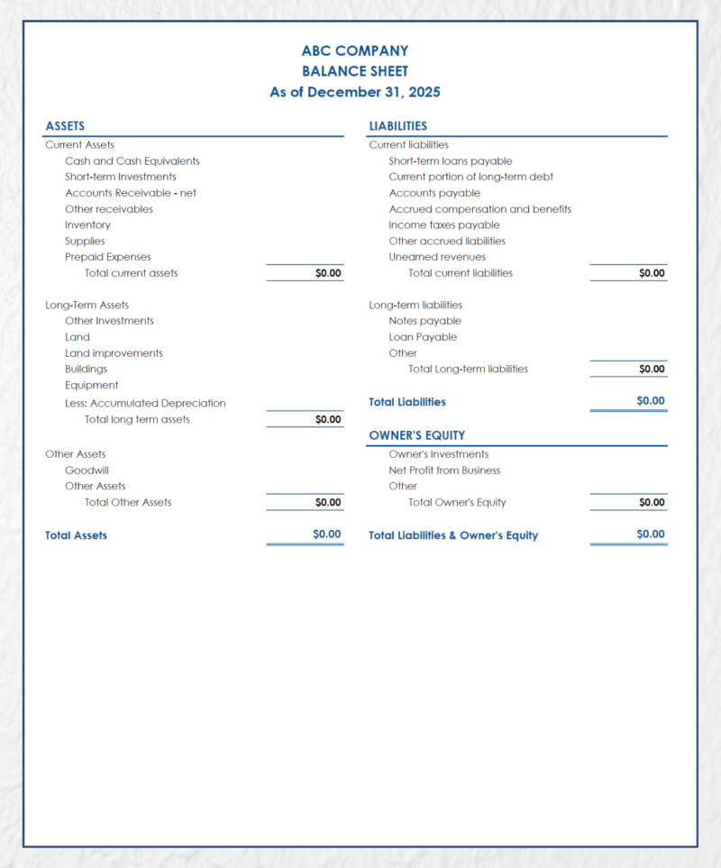 A blank blue balance sheet template.