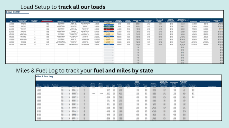 Load setup to track all loads, and the miles and fuel log to track fuel and miles by state.