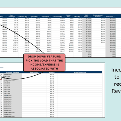 Income and expense logs: pick the load each income or expense entry belongs to from a drop-down list.