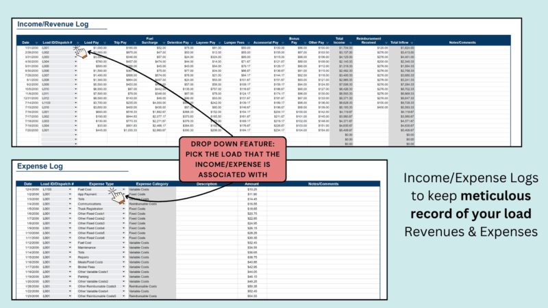 Income and expense logs: pick the load each income or expense entry belongs to from a drop-down list.