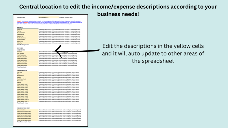 44 Income and expense description setup: edit the descriptions in the yellow cells and they update throughout the spreadsheet.