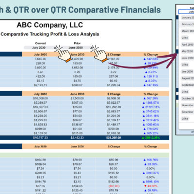 Month-over-month and quarter-over-quarter comparative financials: pick the current and prior period to compare operation information, trucking income and operating expenses with dollar and percent change.