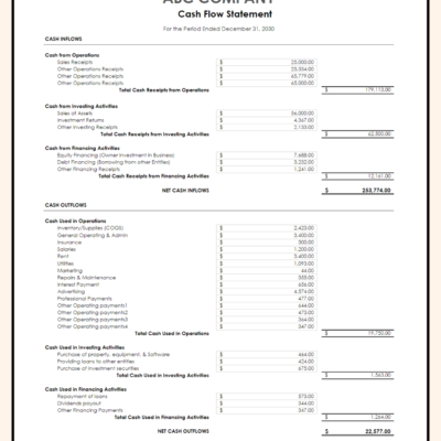 45 Cash flow statement for a sample company for the year: cash inflows from operations, investing and financing, cash outflows, and the net increase or decrease in cash.