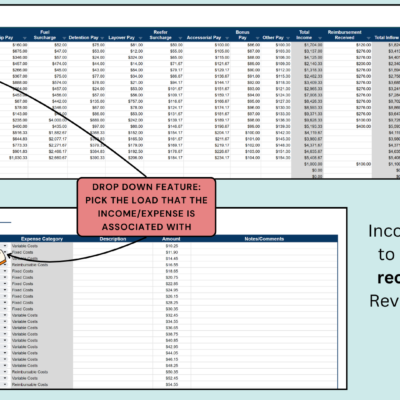45 Income and expense logs: pick the load each income or expense entry belongs to from a drop-down list, to keep a record of each load's revenue and expenses.