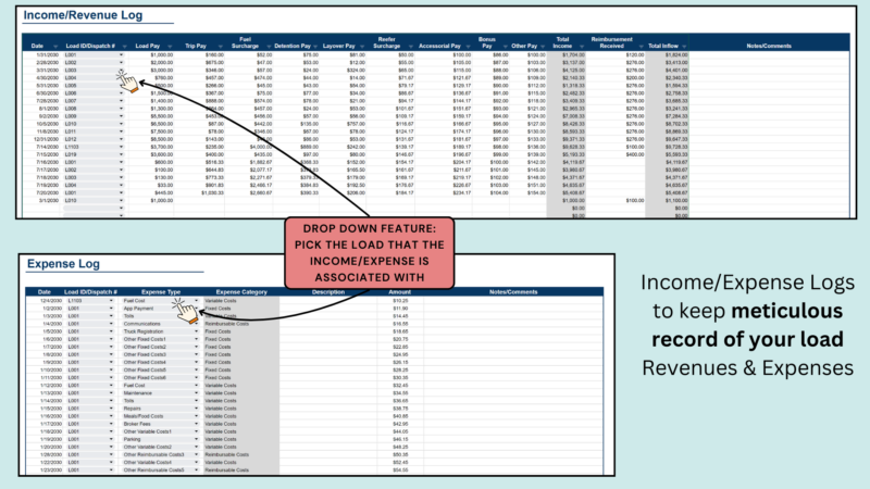 45 Income and expense logs: pick the load each income or expense entry belongs to from a drop-down list, to keep a record of each load's revenue and expenses.