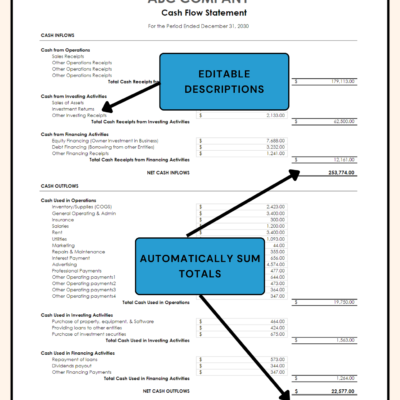 46 Cash flow statement with notes: descriptions can be edited and totals are summed automatically.