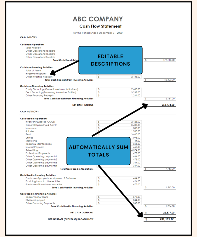 46 Cash flow statement with notes: descriptions can be edited and totals are summed automatically.