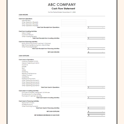 47 A blank cash flow statement template.