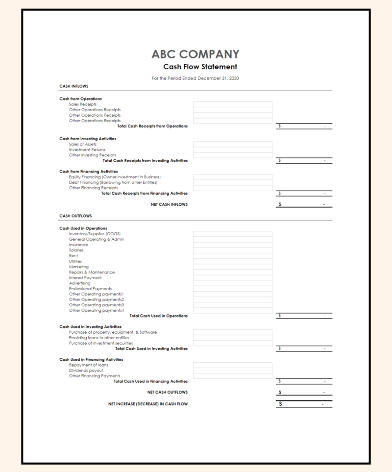 47 A blank cash flow statement template.