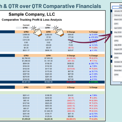 48 Month-over-month and quarter-over-quarter comparative financials: pick the current and prior period from drop-down lists to compare operation information, trucking income and operating expenses with dollar and percent change.