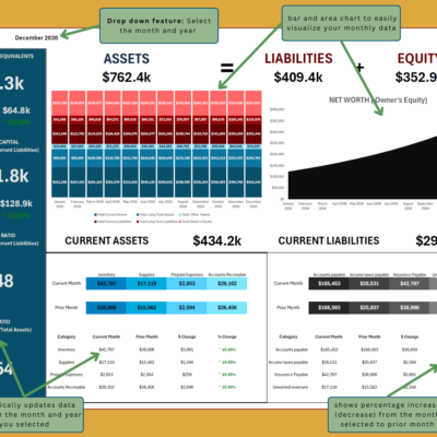 Balance sheet dashboard with notes: select the month and year, bar and area charts show the monthly data, and the percent change from the prior month is shown.