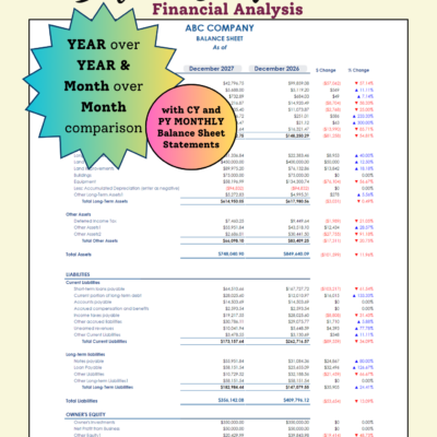 Balance sheet financial analysis: assets, liabilities and owner's equity for two dates side by side, with dollar and percent change, for year-over-year and month-over-month comparison. Current and prior year monthly balance sheets are included.