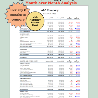 Balance sheet month-over-month analysis: pick any two months to compare assets, liabilities and owner's equity, with dollar and percent change. A monthly balance sheet is included.