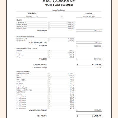 Profit and loss statement for a sample company for one month: revenue, returns and discounts, cost of goods sold, gross profit and margin, operating expenses, net profit and margin.