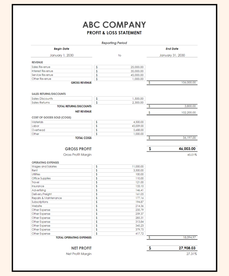Profit and loss statement for a sample company for one month: revenue, returns and discounts, cost of goods sold, gross profit and margin, operating expenses, net profit and margin.