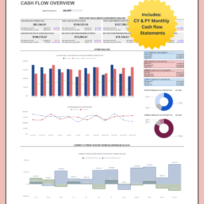 Cash flow dashboard with current and prior year monthly cash flow statements: cash available, receipts and payments, operating and investing cash flow, month and year comparisons, top and lowest months, receipts and payments by category, and net change in cash.