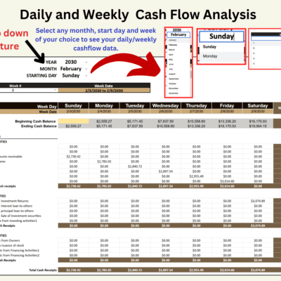 Daily and weekly cash flow analysis: select the month, start day and week to see beginning and ending cash balances and cash receipts by activity for each day, with a weekly total.