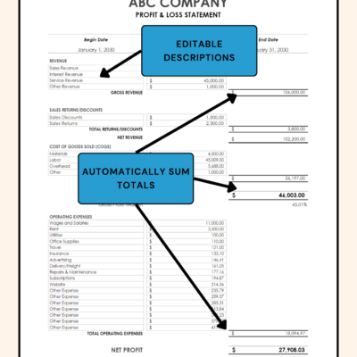 Profit and loss statement with notes: descriptions can be edited and totals are summed automatically.