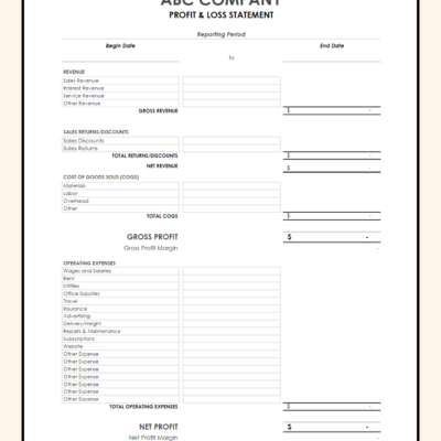 A blank profit and loss statement template.