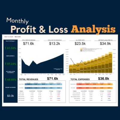 Monthly profit and loss analysis for a chosen month: total revenue, cost of goods sold, other costs and net profit, gross, EBITDA and net profit margins, monthly charts, and revenues and expenses compared with the prior month.