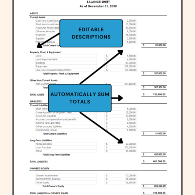 54 Balance sheet with notes: descriptions can be edited and totals are summed automatically.