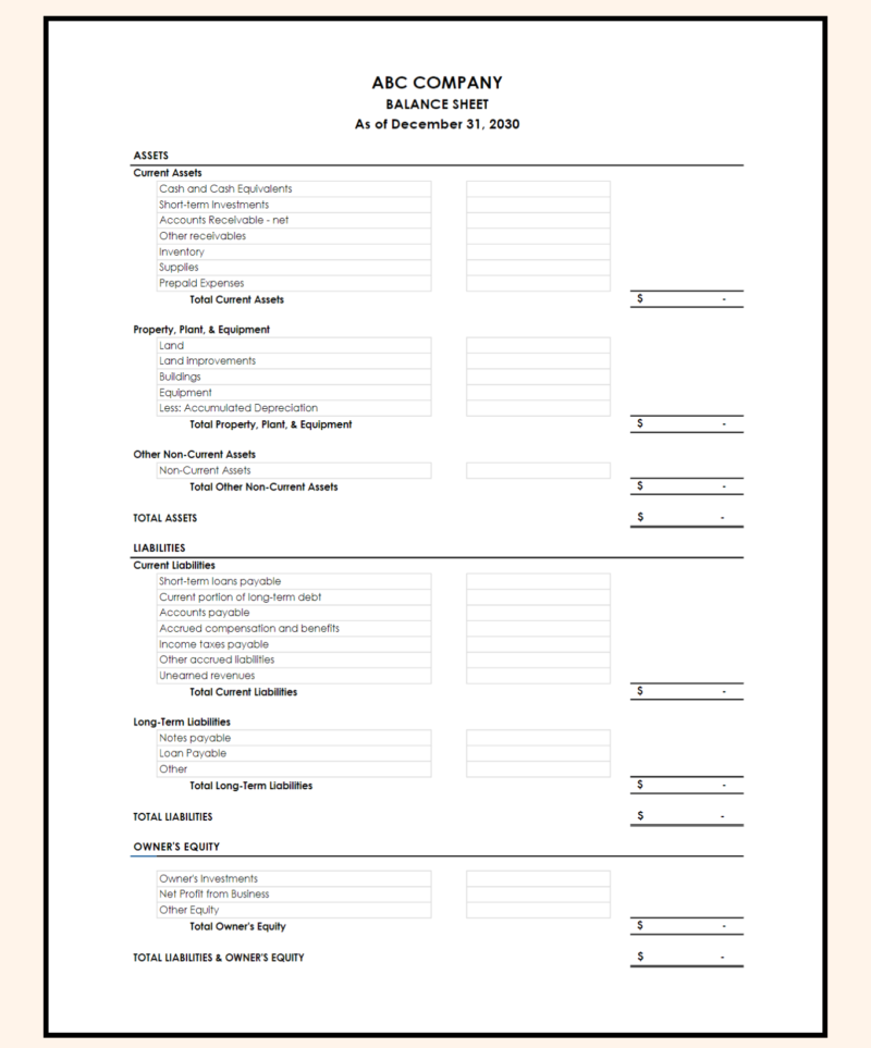 55 A blank balance sheet template.