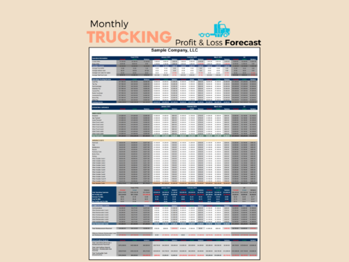 Monthly trucking profit and loss forecast for a sample company: actual versus forecast and the variance for operation information, trucking income, fixed, variable and reimbursable costs, and cash flow by month and year to date.