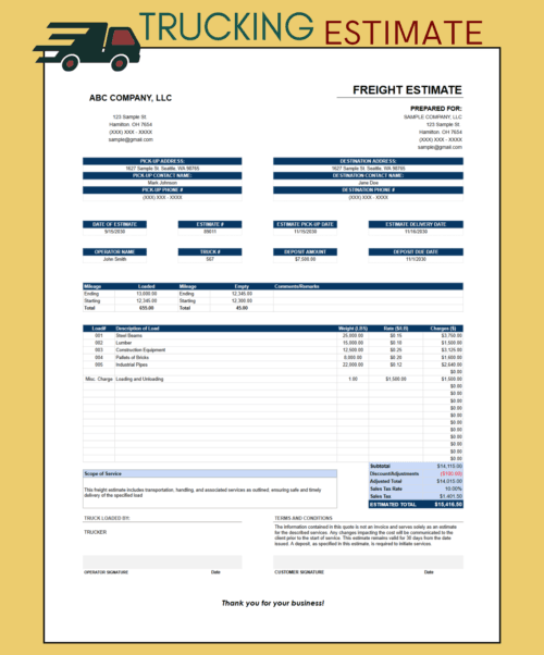 Trucking freight estimate by weight: prepared-for details, pick-up and destination addresses, dates, deposit, mileage, loads with weight, rate per pound and charges, a loading and unloading charge, discount, sales tax and estimated total.