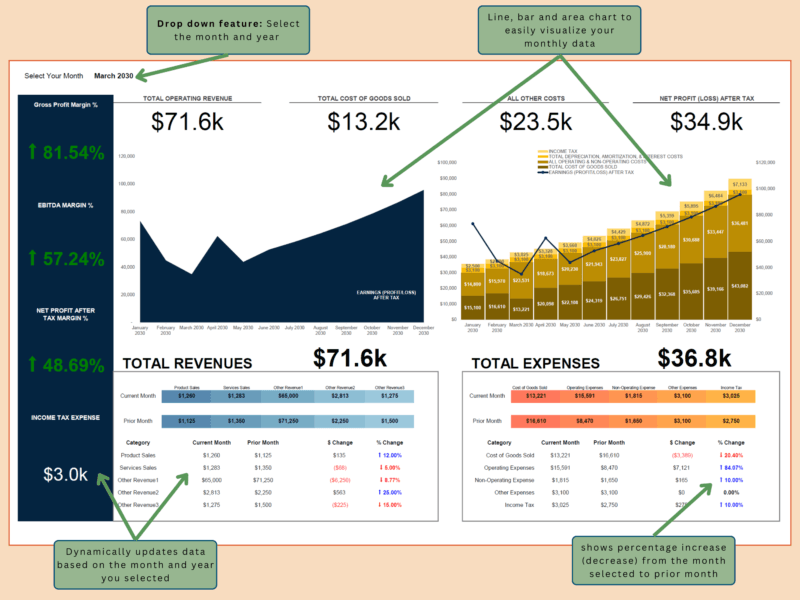 Profit and loss dashboard with notes: select the month and year, line, bar and area charts show the monthly data, and the percent change from the prior month is shown.