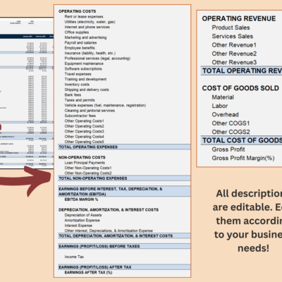 Profit and loss lines for operating revenue, cost of goods sold, operating and non-operating costs, depreciation, amortization and interest, and income tax; all descriptions can be edited.