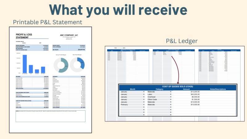 What you receive: a printable profit and loss statement and a profit and loss ledger for recording transactions by month.