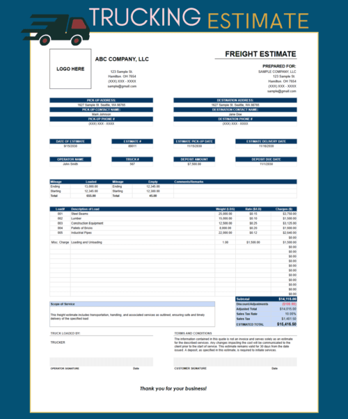 Trucking freight estimate by weight with a logo space: prepared-for details, pick-up and destination addresses, dates, deposit, mileage, loads with weight, rate per pound and charges, a loading and unloading charge, discount, sales tax and estimated total.