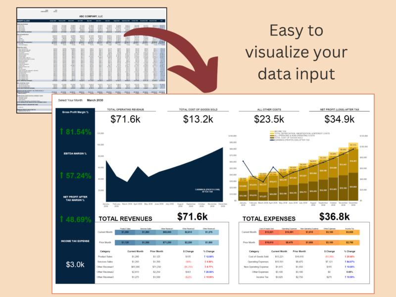 Monthly profit and loss entries feed the profit and loss dashboard.