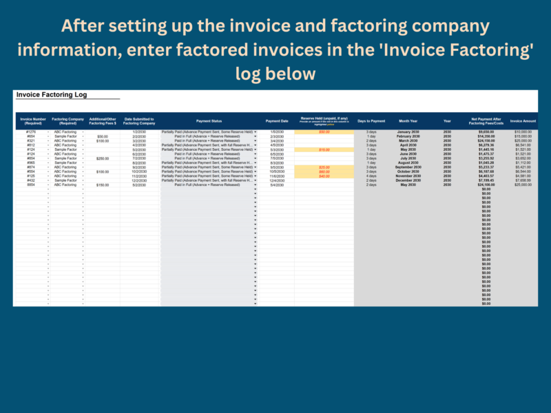 Invoice factoring log: after setting up invoices and factoring companies, enter each factored invoice with factoring company, fees, dates, payment status, reserve held and net payment.