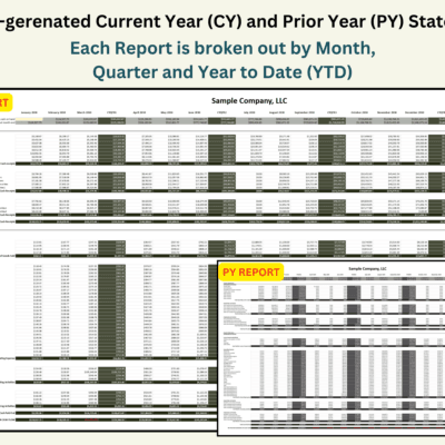 Current year and prior year cash flow statements are generated, each broken out by month, quarter and year to date.