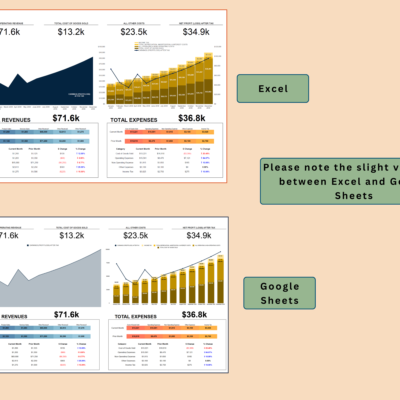 The profit and loss dashboard in Excel and in Google Sheets, with slight differences between the two.