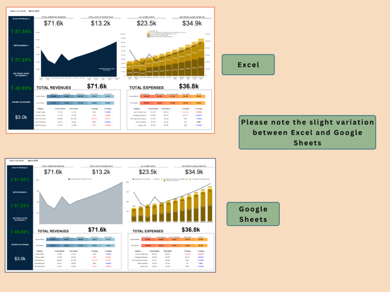 The profit and loss dashboard in Excel and in Google Sheets, with slight differences between the two.
