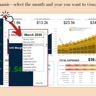 Profit and loss dashboard month selector: choose the month and year to see.