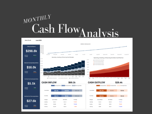 Monthly cash flow analysis: ending cash balance trend, net cash from operating, investing and financing activities, cash receipts and cash paid out by activity, and current versus prior month cash inflow and outflow.